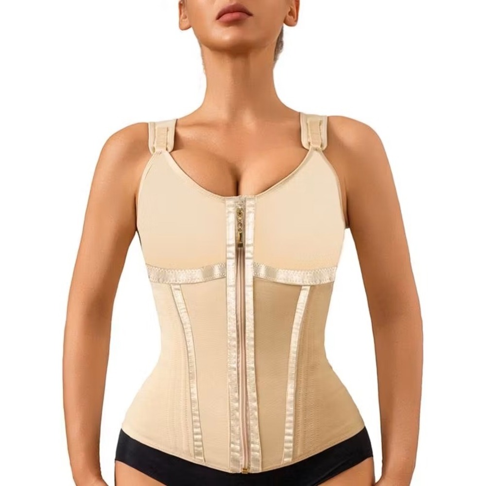 LuxSeren Waist Trainer Vest Zipper Front Adjustable Straps Shapewear Nude Beige